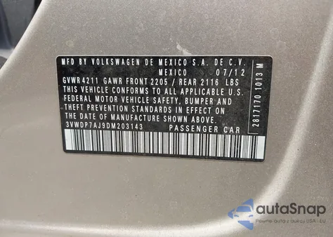 2013 Volkswagen Jetta 2.5L Se from USA, damaged, VIN 3VWDP7AJ9DM203143